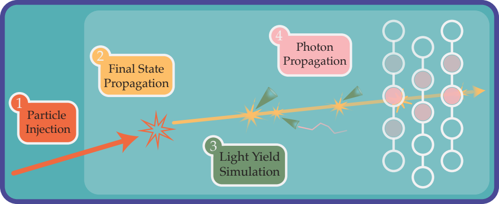 Diagram of the Prometheus simulation chain from particle injection through propagation and light yield to photon detection.